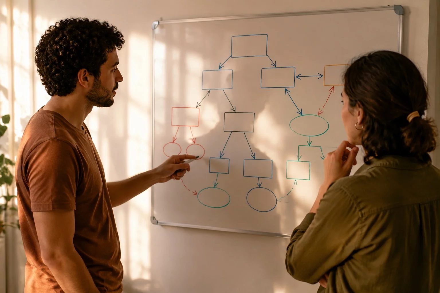 Duas pessoas diante de um quadro branco com um mapa de argumento desenhado à mão