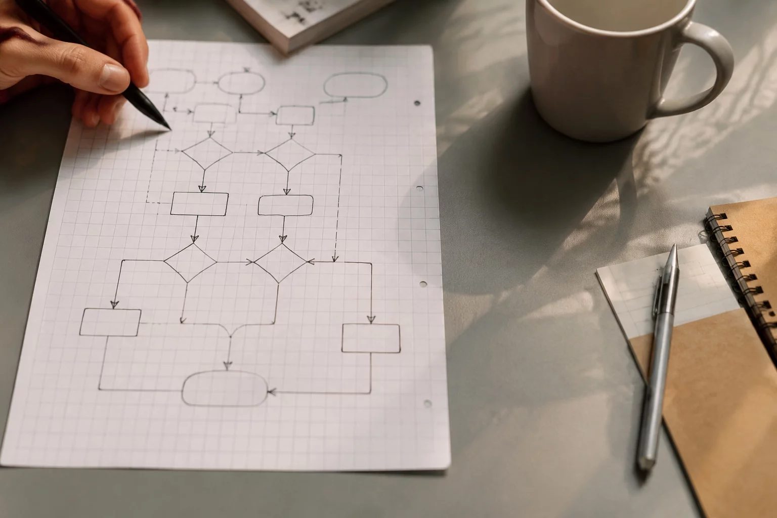 Vista de cima de uma mesa com um diagrama de lógica desenhado à mão