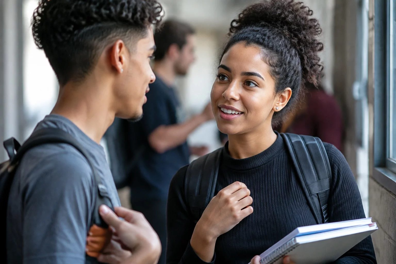 Estudantes com mochilas conversando no corredor de uma universidade