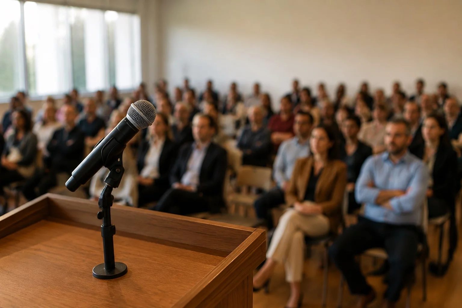 Microfone sobre uma tribuna, com a plateia sentada desfocada ao fundo