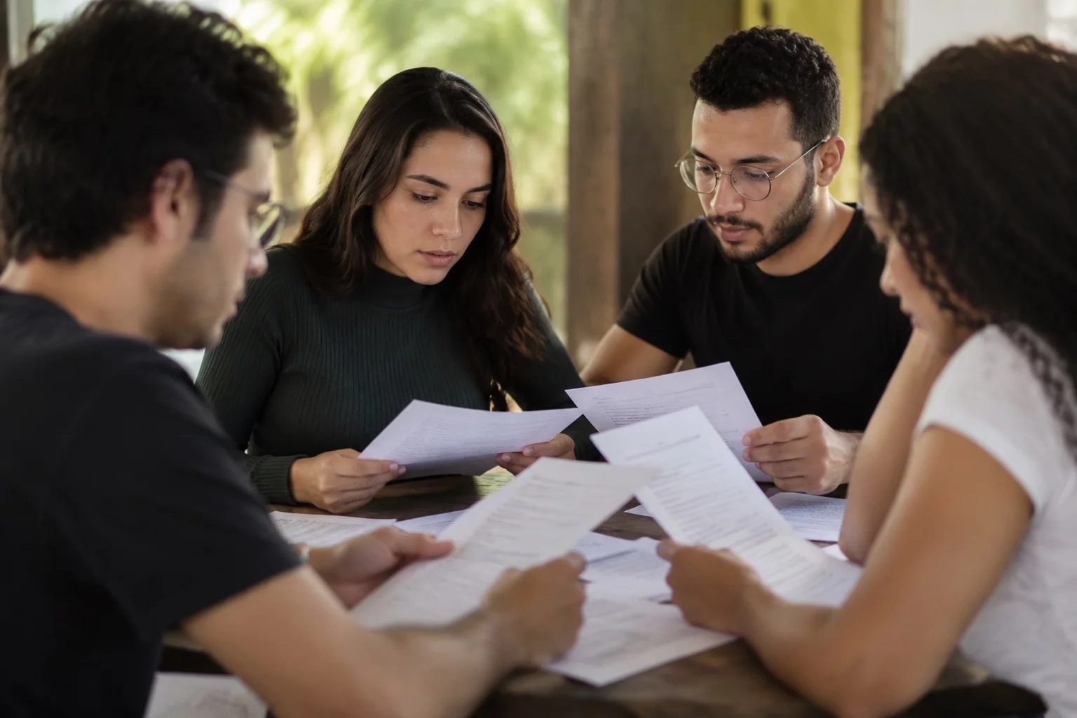Grupo pequeno lendo páginas impressas de argumentos ao redor de uma mesa