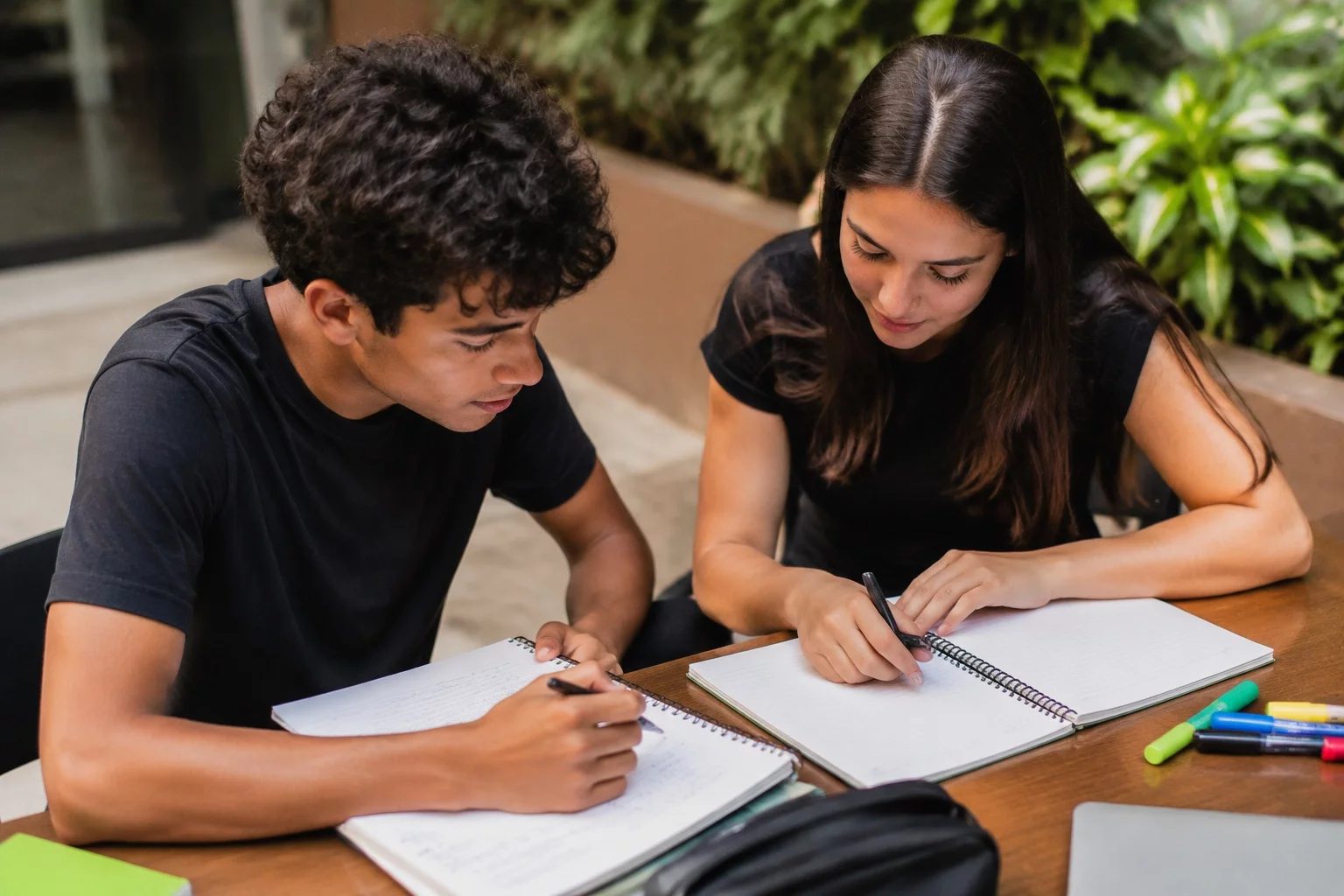 Dois estudantes preparando um debate com cadernos e marcadores