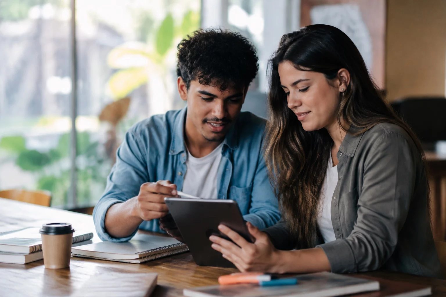 Duas pessoas revisando anotações em um tablet sobre uma mesa de madeira